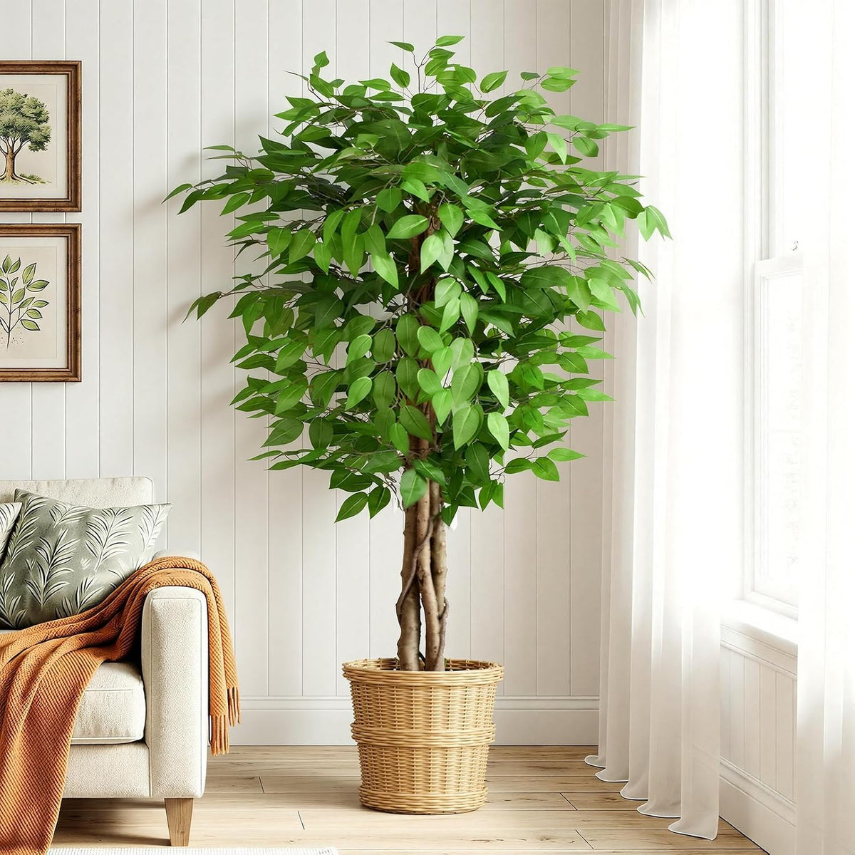 6.2ft Ficus Artificial Trees with 3 Natural Curved Trunks, 74" Tall Lush Faux Tree for Home Decor Indoor, Green Lifelike Fake Ficus Tree Artificial Plants