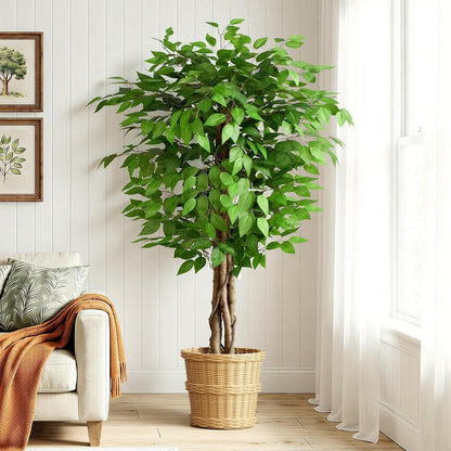 6.2ft Ficus Artificial Trees with 3 Natural Curved Trunks, 74" Tall Lush Faux Tree for Home Decor Indoor, Green Lifelike Fake Ficus Tree Artificial Plants