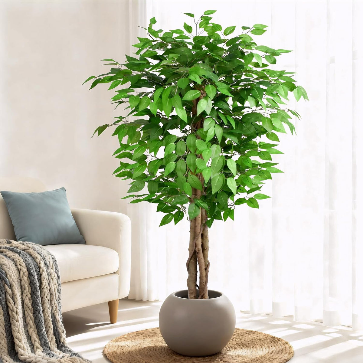 6.2ft Ficus Artificial Trees with 3 Natural Curved Trunks, 74" Tall Lush Faux Tree for Home Decor Indoor, Green Lifelike Fake Ficus Tree Artificial Plants