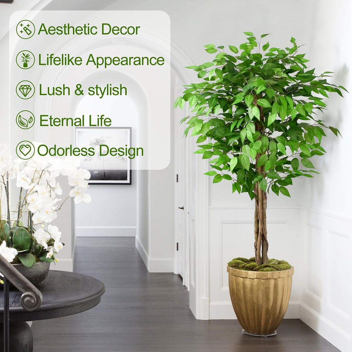 6.2ft Ficus Artificial Trees with 3 Natural Curved Trunks, 74" Tall Lush Faux Tree for Home Decor Indoor, Green Lifelike Fake Ficus Tree Artificial Plants
