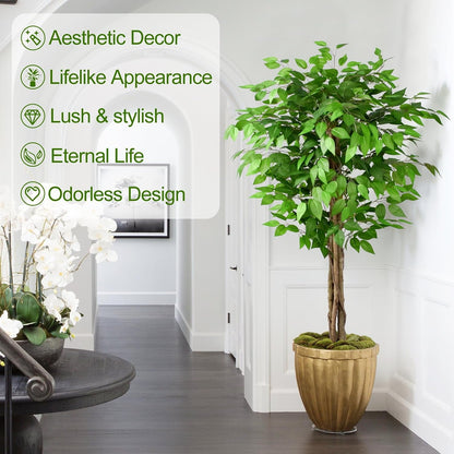 6.2ft Ficus Artificial Trees with 3 Natural Curved Trunks, 74" Tall Lush Faux Tree for Home Decor Indoor, Green Lifelike Fake Ficus Tree Artificial Plants