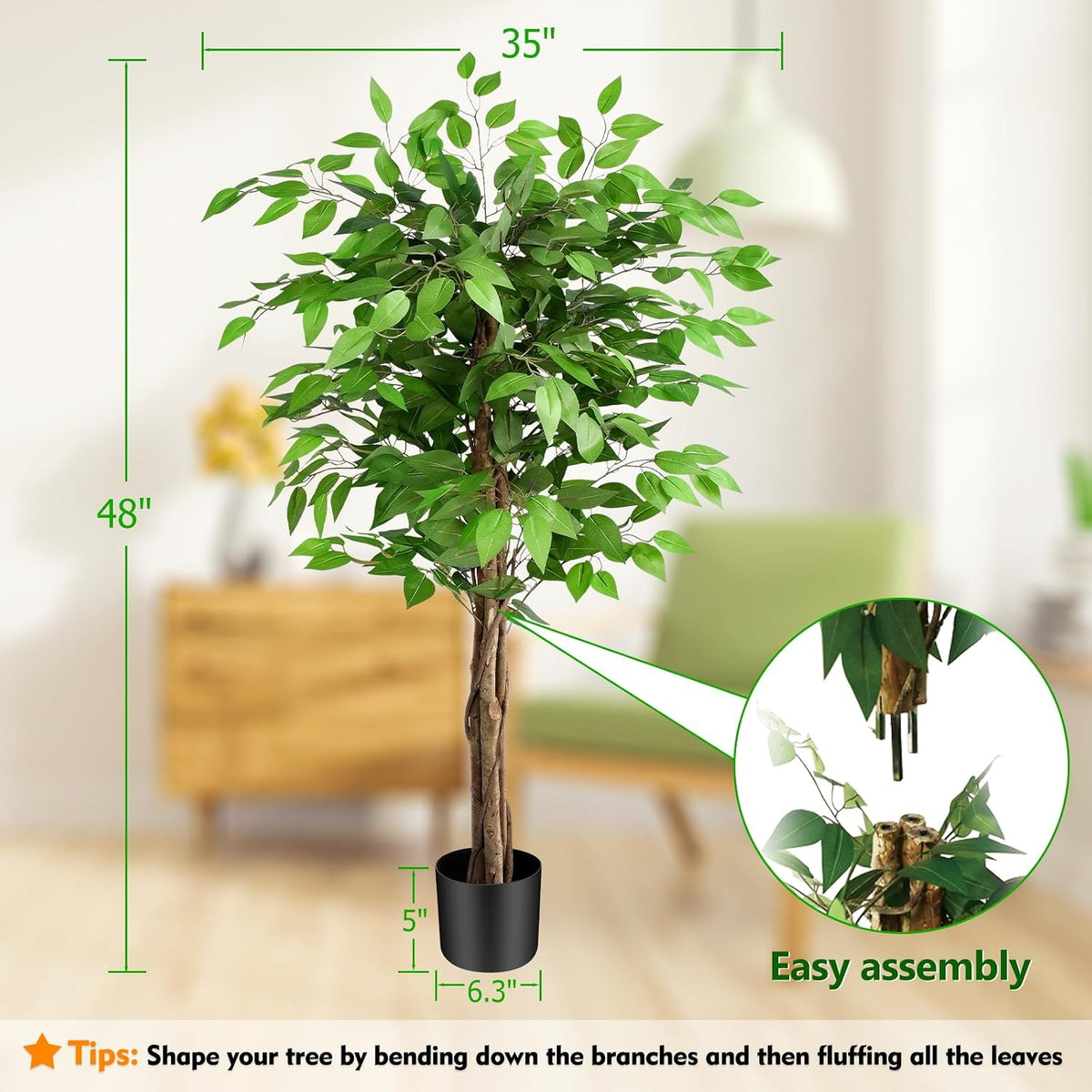 6.2ft Ficus Artificial Trees with 3 Natural Curved Trunks, 74" Tall Lush Faux Tree for Home Decor Indoor, Green Lifelike Fake Ficus Tree Artificial Plants