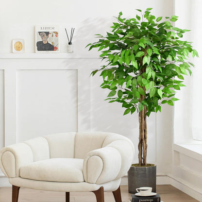 6.2ft Ficus Artificial Trees with 3 Natural Curved Trunks, 74" Tall Lush Faux Tree for Home Decor Indoor, Green Lifelike Fake Ficus Tree Artificial Plants