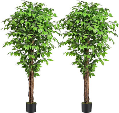 6.2ft Ficus Artificial Trees with 3 Natural Curved Trunks, 74" Tall Lush Faux Tree for Home Decor Indoor, Green Lifelike Fake Ficus Tree Artificial Plants