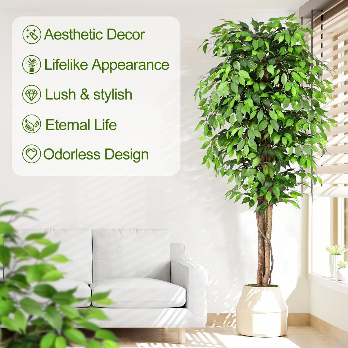 6.2ft Ficus Artificial Trees with 3 Natural Curved Trunks, 74" Tall Lush Faux Tree for Home Decor Indoor, Green Lifelike Fake Ficus Tree Artificial Plants