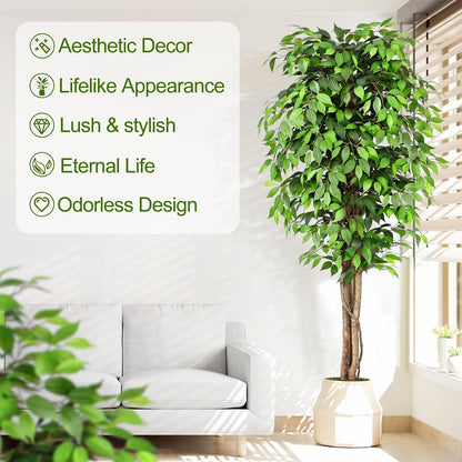 6.2ft Ficus Artificial Trees with 3 Natural Curved Trunks, 74" Tall Lush Faux Tree for Home Decor Indoor, Green Lifelike Fake Ficus Tree Artificial Plants