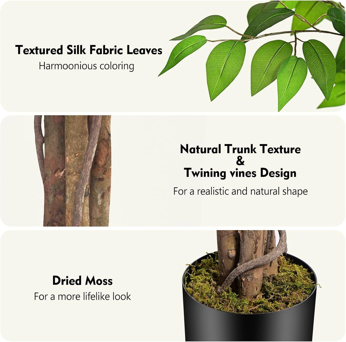 6.2ft Ficus Artificial Trees with 3 Natural Curved Trunks, 74" Tall Lush Faux Tree for Home Decor Indoor, Green Lifelike Fake Ficus Tree Artificial Plants