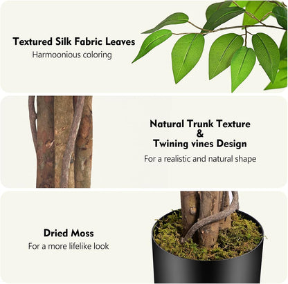 6.2ft Ficus Artificial Trees with 3 Natural Curved Trunks, 74" Tall Lush Faux Tree for Home Decor Indoor, Green Lifelike Fake Ficus Tree Artificial Plants