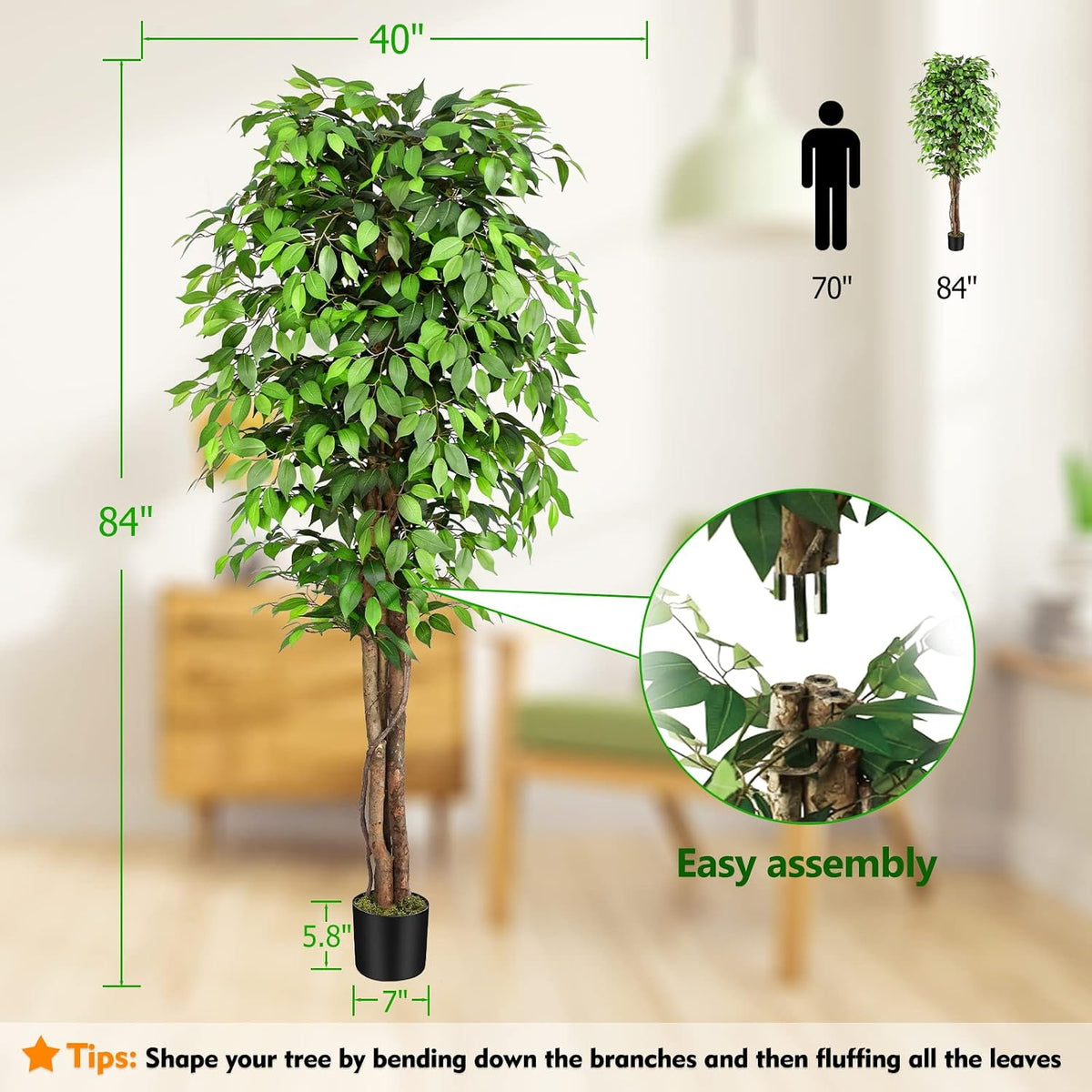 6.2ft Ficus Artificial Trees with 3 Natural Curved Trunks, 74" Tall Lush Faux Tree for Home Decor Indoor, Green Lifelike Fake Ficus Tree Artificial Plants