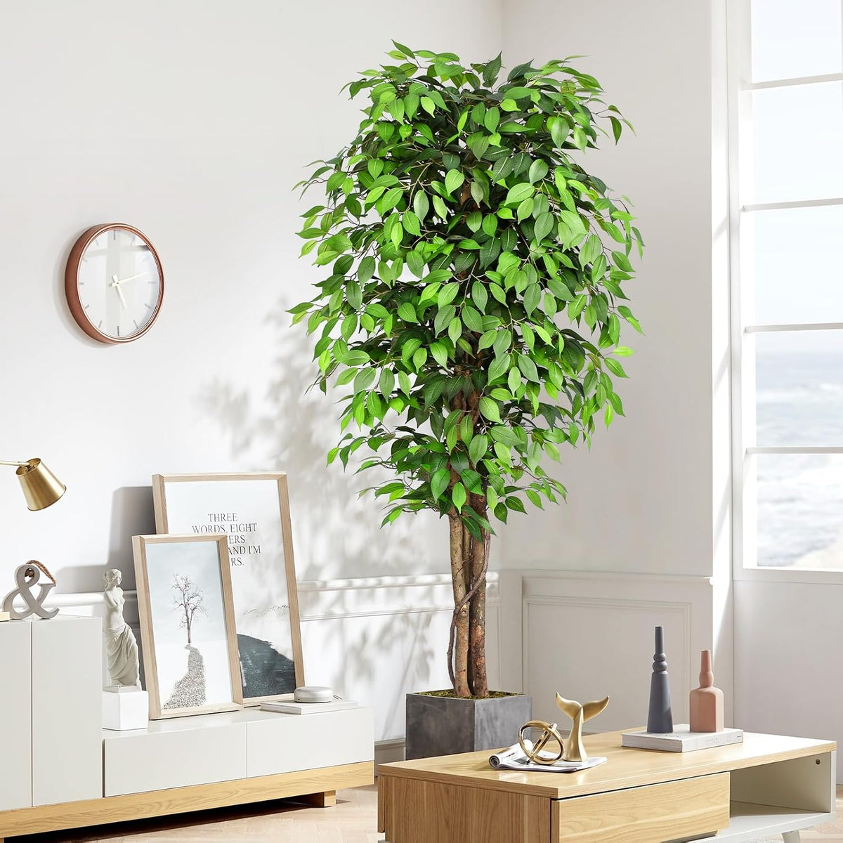 6.2ft Ficus Artificial Trees with 3 Natural Curved Trunks, 74" Tall Lush Faux Tree for Home Decor Indoor, Green Lifelike Fake Ficus Tree Artificial Plants