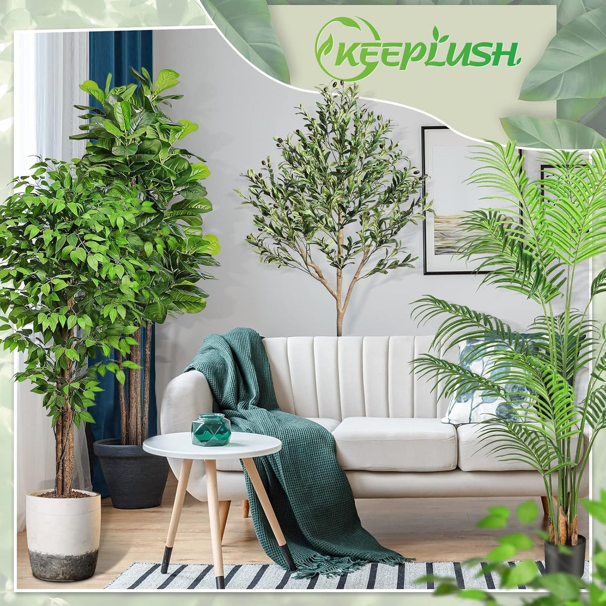 6.2ft Ficus Artificial Trees with 3 Natural Curved Trunks, 74" Tall Lush Faux Tree for Home Decor Indoor, Green Lifelike Fake Ficus Tree Artificial Plants