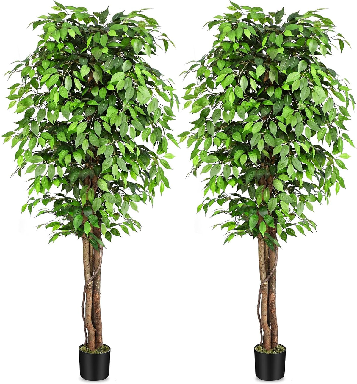 6.2ft Ficus Artificial Trees with 3 Natural Curved Trunks, 74" Tall Lush Faux Tree for Home Decor Indoor, Green Lifelike Fake Ficus Tree Artificial Plants