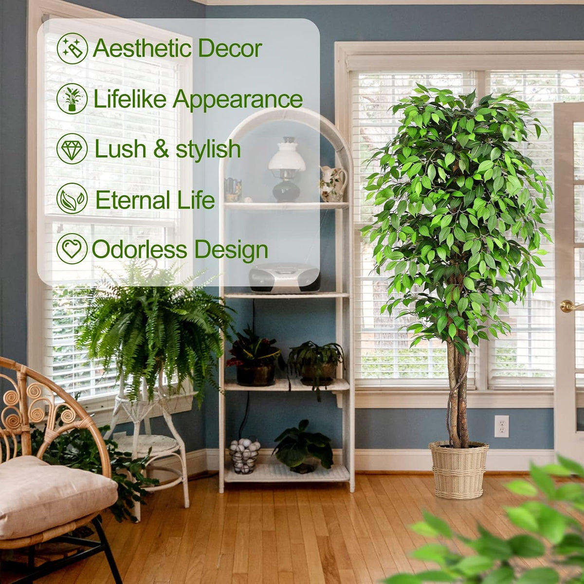 6.2ft Ficus Artificial Trees with 3 Natural Curved Trunks, 74" Tall Lush Faux Tree for Home Decor Indoor, Green Lifelike Fake Ficus Tree Artificial Plants