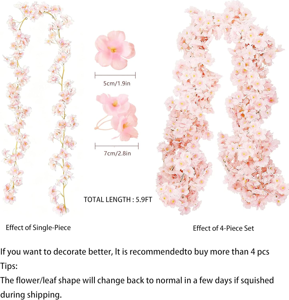Cherry Blossom Garland Fake Cherry Flower Vines 2 Pcs Artificial Flower Garland Silk Hanging Floral Garland for Wedding Party Arch Office Pink Room Decor Japanese Kawaii Home Decoration