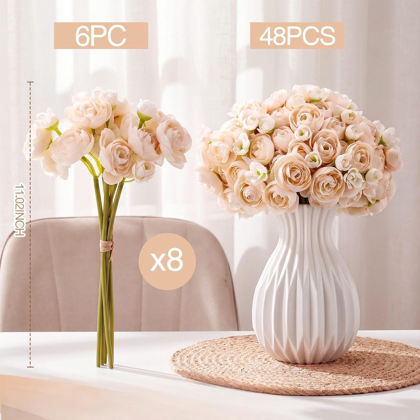48 Pcs Ranunculus Artificial Flower,Real to Lifelike Peonies Artificial Flower Silk Faux DIY Bouquet for Wedding Bridal Shower Valentine Centerpieces Arrangements Home Decorations(White)