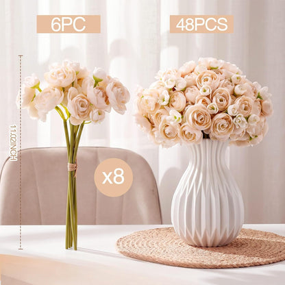 48 Pcs Ranunculus Artificial Flower,Real to Lifelike Peonies Artificial Flower Silk Faux DIY Bouquet for Wedding Bridal Shower Valentine Centerpieces Arrangements Home Decorations(White)