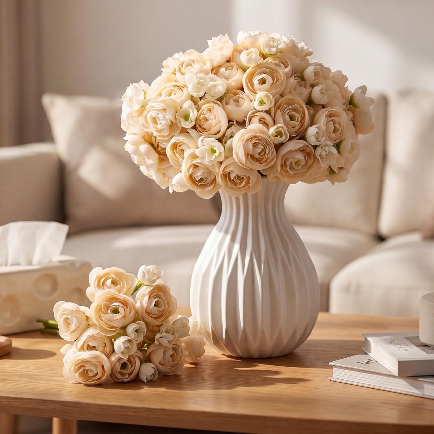 48 Pcs Ranunculus Artificial Flower,Real to Lifelike Peonies Artificial Flower Silk Faux DIY Bouquet for Wedding Bridal Shower Valentine Centerpieces Arrangements Home Decorations(White)