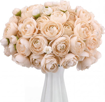 48 Pcs Ranunculus Artificial Flower,Real to Lifelike Peonies Artificial Flower Silk Faux DIY Bouquet for Wedding Bridal Shower Valentine Centerpieces Arrangements Home Decorations(White)