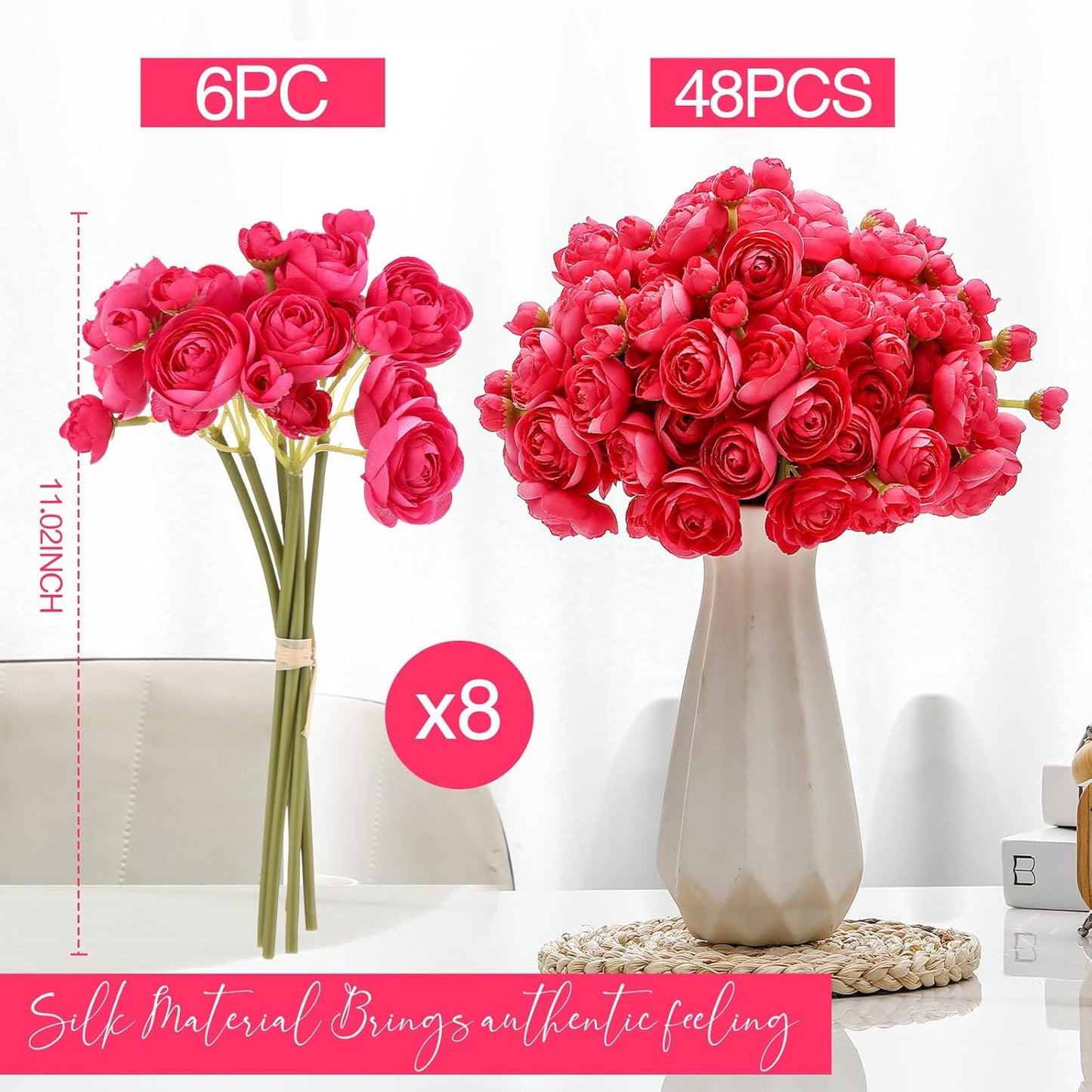 48 Pcs Ranunculus Artificial Flower,Real to Lifelike Peonies Artificial Flower Silk Faux DIY Bouquet for Wedding Bridal Shower Valentine Centerpieces Arrangements Home Decorations(White)