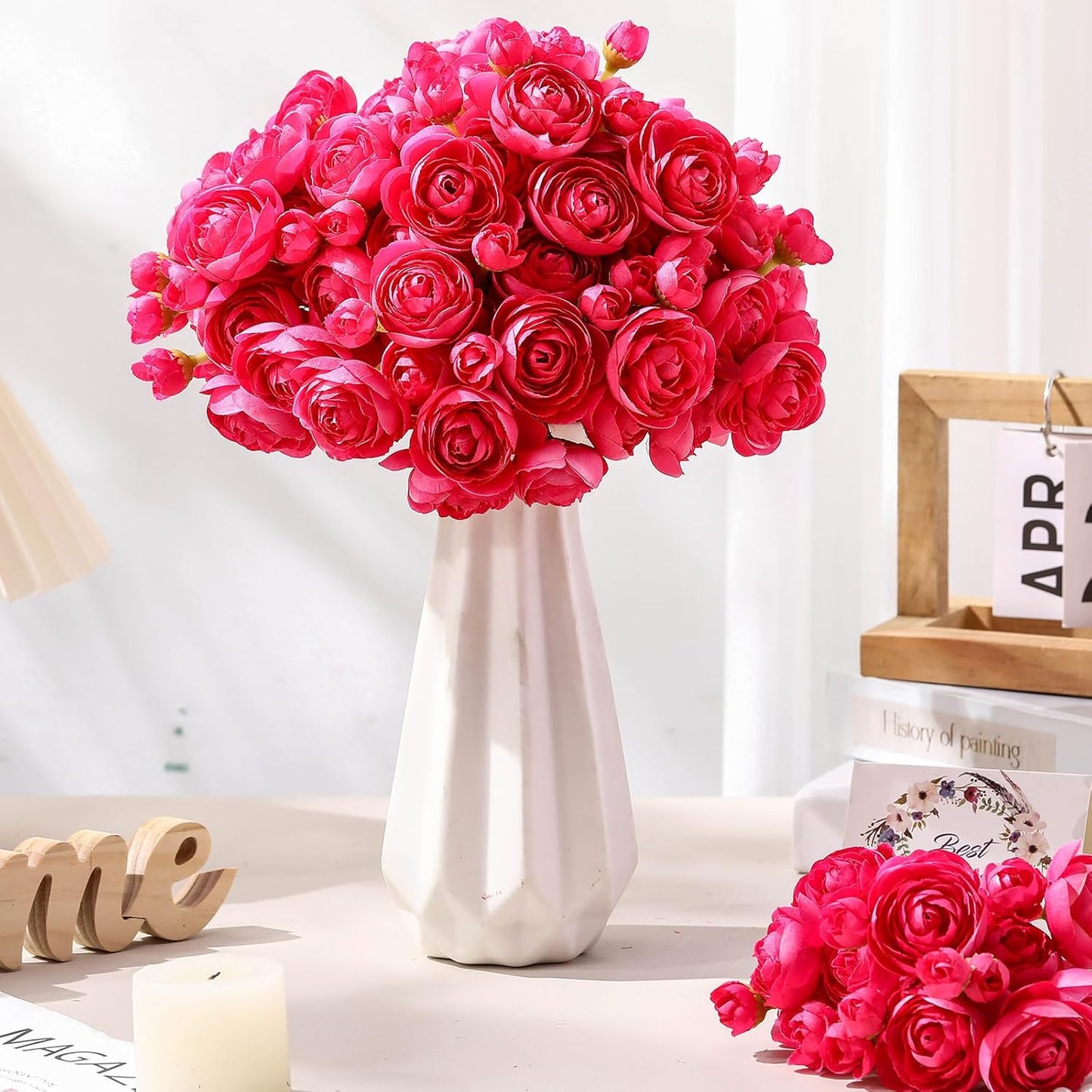 48 Pcs Ranunculus Artificial Flower,Real to Lifelike Peonies Artificial Flower Silk Faux DIY Bouquet for Wedding Bridal Shower Valentine Centerpieces Arrangements Home Decorations(White)