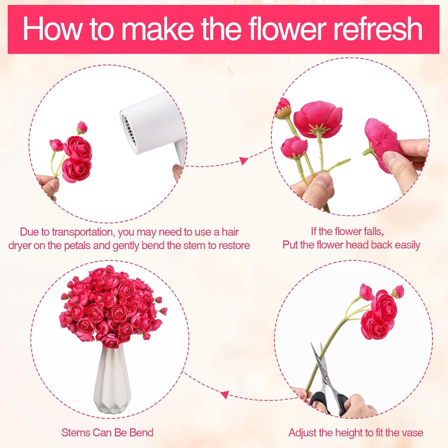 48 Pcs Ranunculus Artificial Flower,Real to Lifelike Peonies Artificial Flower Silk Faux DIY Bouquet for Wedding Bridal Shower Valentine Centerpieces Arrangements Home Decorations(White)