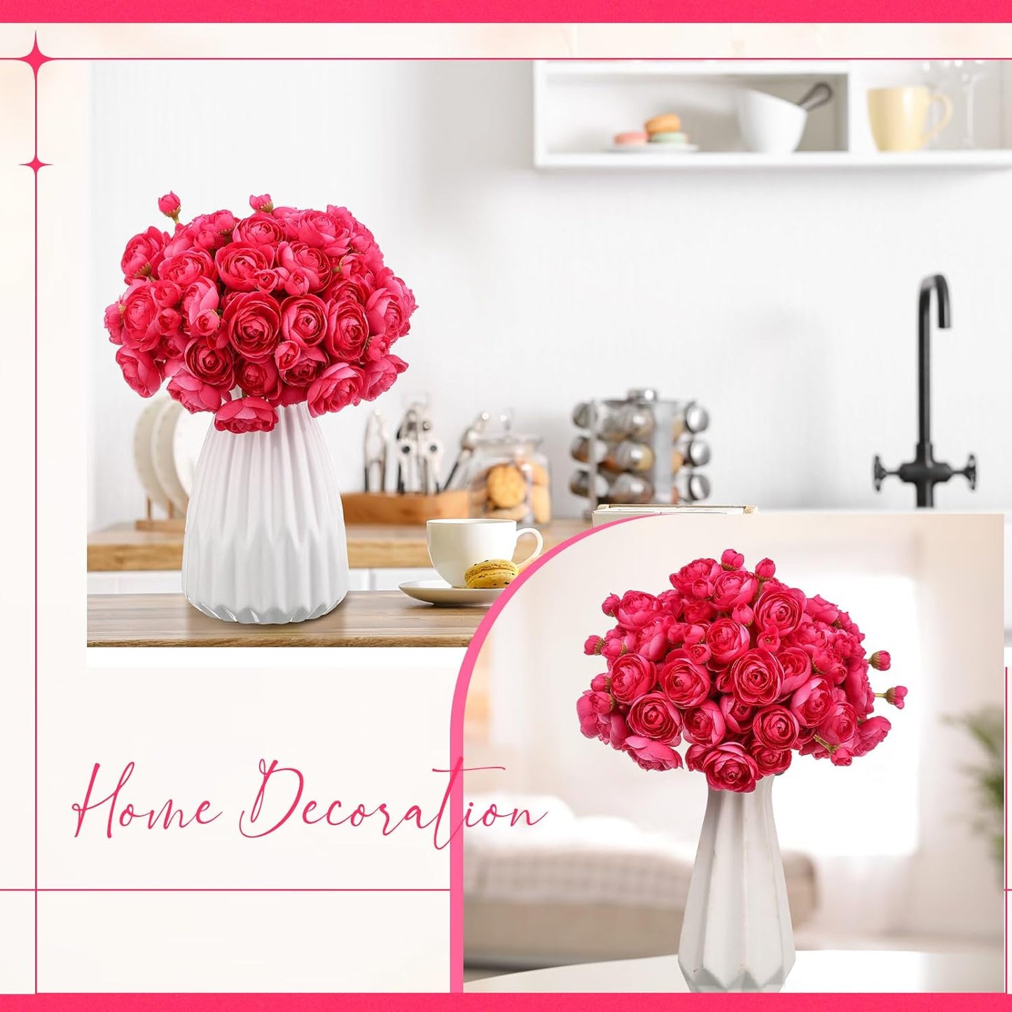 48 Pcs Ranunculus Artificial Flower,Real to Lifelike Peonies Artificial Flower Silk Faux DIY Bouquet for Wedding Bridal Shower Valentine Centerpieces Arrangements Home Decorations(White)