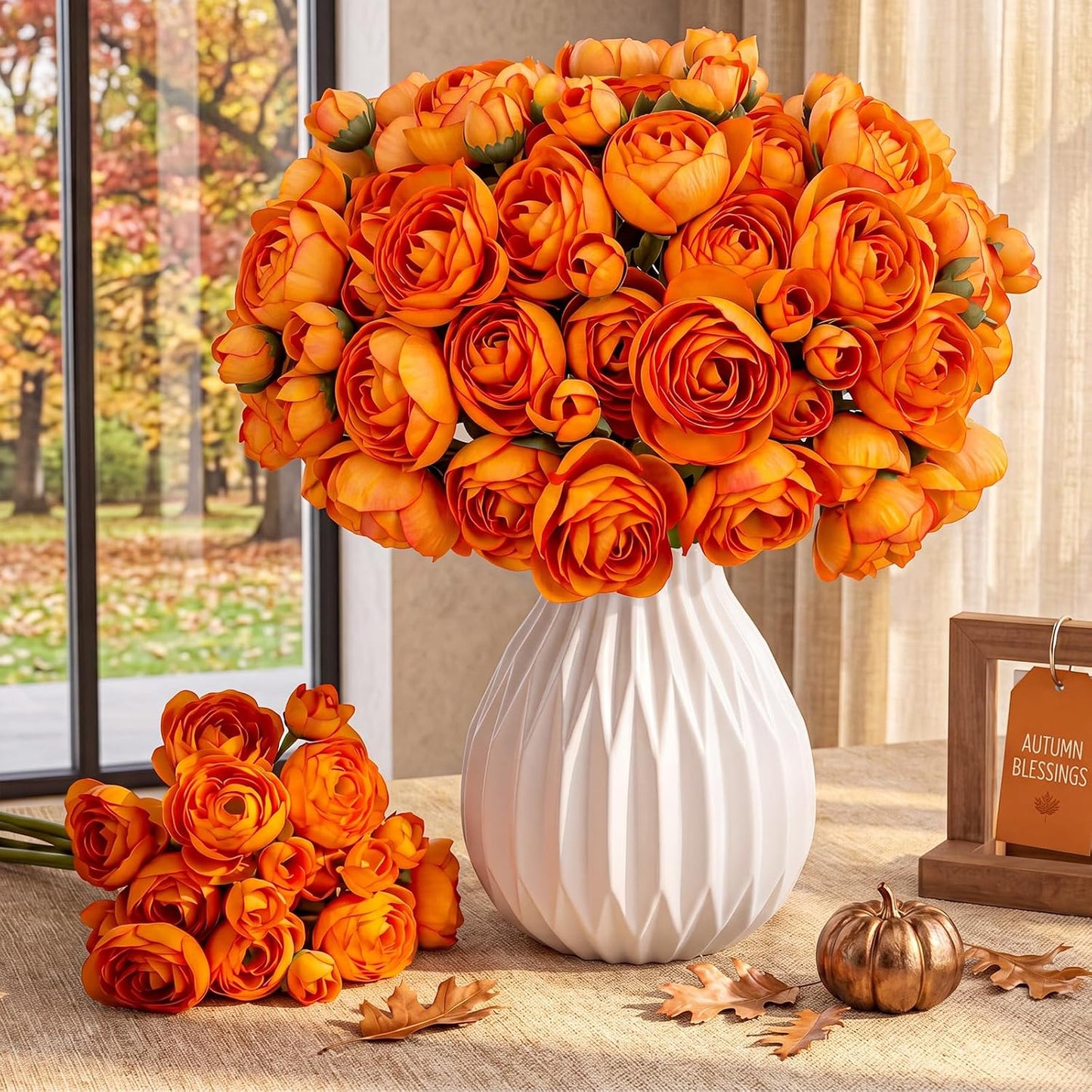 48 Pcs Ranunculus Artificial Flower,Real to Lifelike Peonies Artificial Flower Silk Faux DIY Bouquet for Wedding Bridal Shower Valentine Centerpieces Arrangements Home Decorations(White)