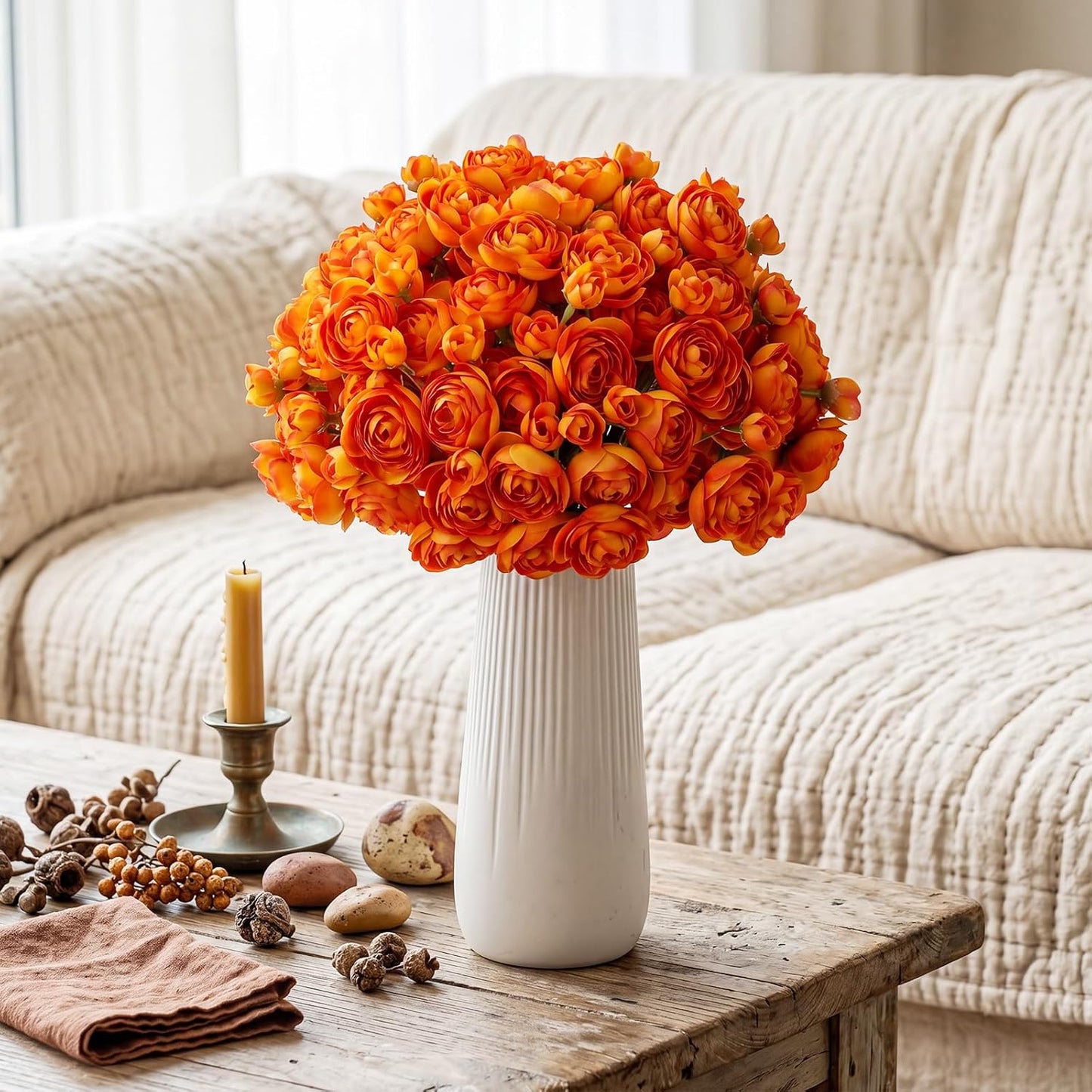 48 Pcs Ranunculus Artificial Flower,Real to Lifelike Peonies Artificial Flower Silk Faux DIY Bouquet for Wedding Bridal Shower Valentine Centerpieces Arrangements Home Decorations(White)
