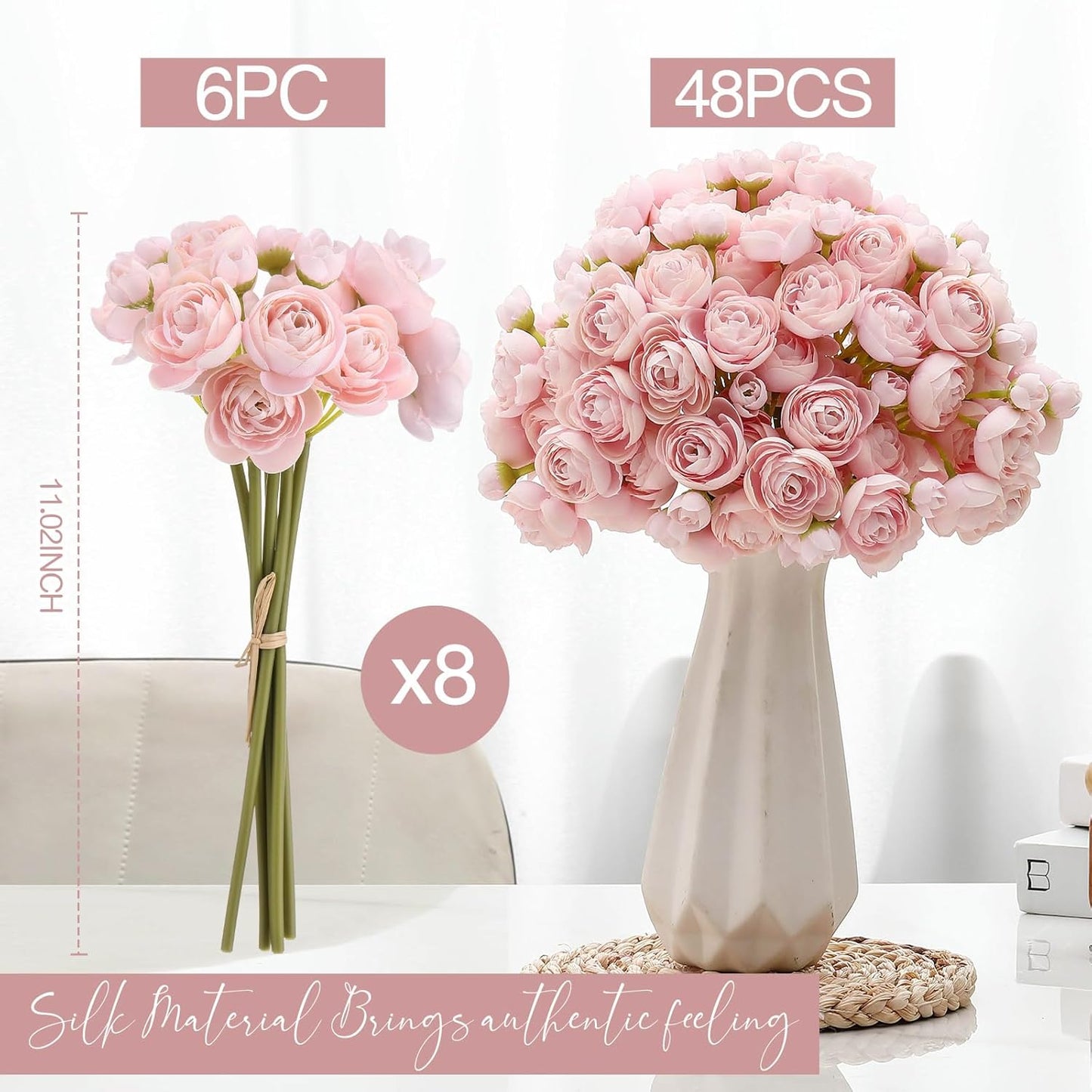 48 Pcs Ranunculus Artificial Flower,Real to Lifelike Peonies Artificial Flower Silk Faux DIY Bouquet for Wedding Bridal Shower Valentine Centerpieces Arrangements Home Decorations(White)