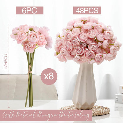 48 Pcs Ranunculus Artificial Flower,Real to Lifelike Peonies Artificial Flower Silk Faux DIY Bouquet for Wedding Bridal Shower Valentine Centerpieces Arrangements Home Decorations(White)