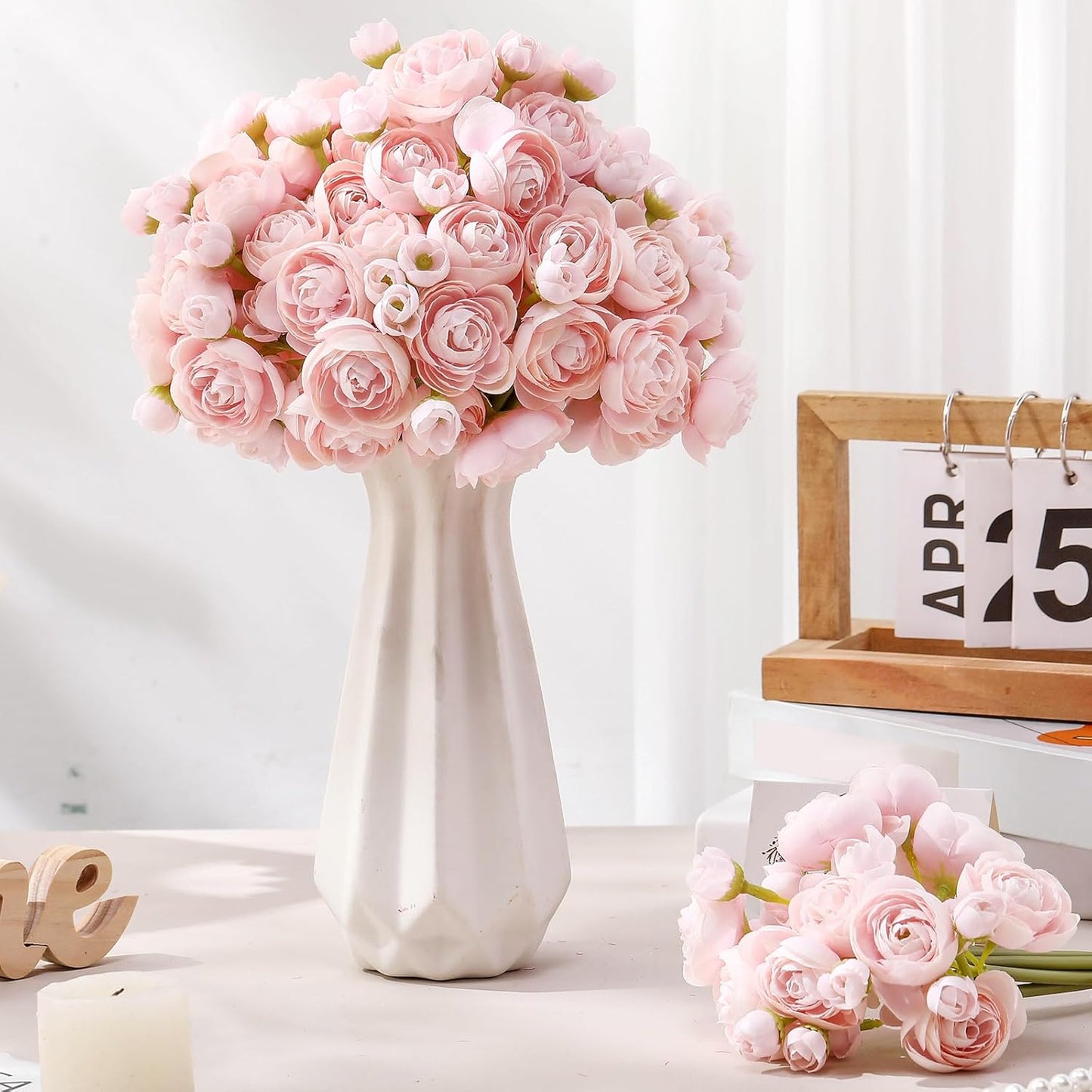 48 Pcs Ranunculus Artificial Flower,Real to Lifelike Peonies Artificial Flower Silk Faux DIY Bouquet for Wedding Bridal Shower Valentine Centerpieces Arrangements Home Decorations(White)