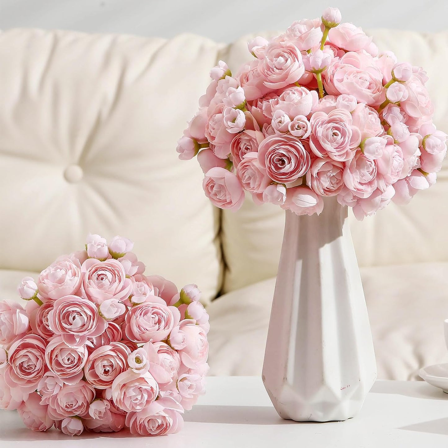 48 Pcs Ranunculus Artificial Flower,Real to Lifelike Peonies Artificial Flower Silk Faux DIY Bouquet for Wedding Bridal Shower Valentine Centerpieces Arrangements Home Decorations(White)