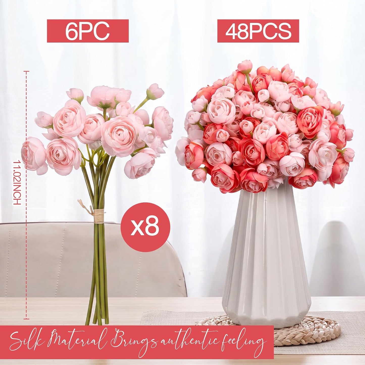 48 Pcs Ranunculus Artificial Flower,Real to Lifelike Peonies Artificial Flower Silk Faux DIY Bouquet for Wedding Bridal Shower Valentine Centerpieces Arrangements Home Decorations(White)
