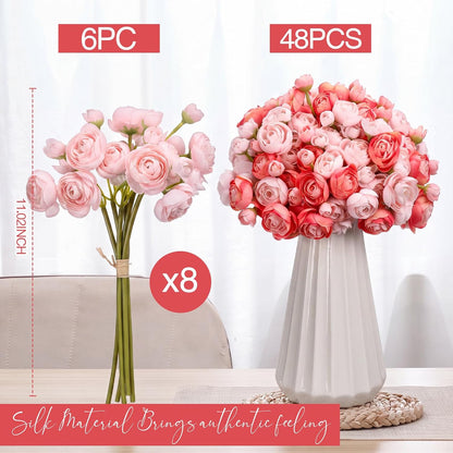 48 Pcs Ranunculus Artificial Flower,Real to Lifelike Peonies Artificial Flower Silk Faux DIY Bouquet for Wedding Bridal Shower Valentine Centerpieces Arrangements Home Decorations(White)