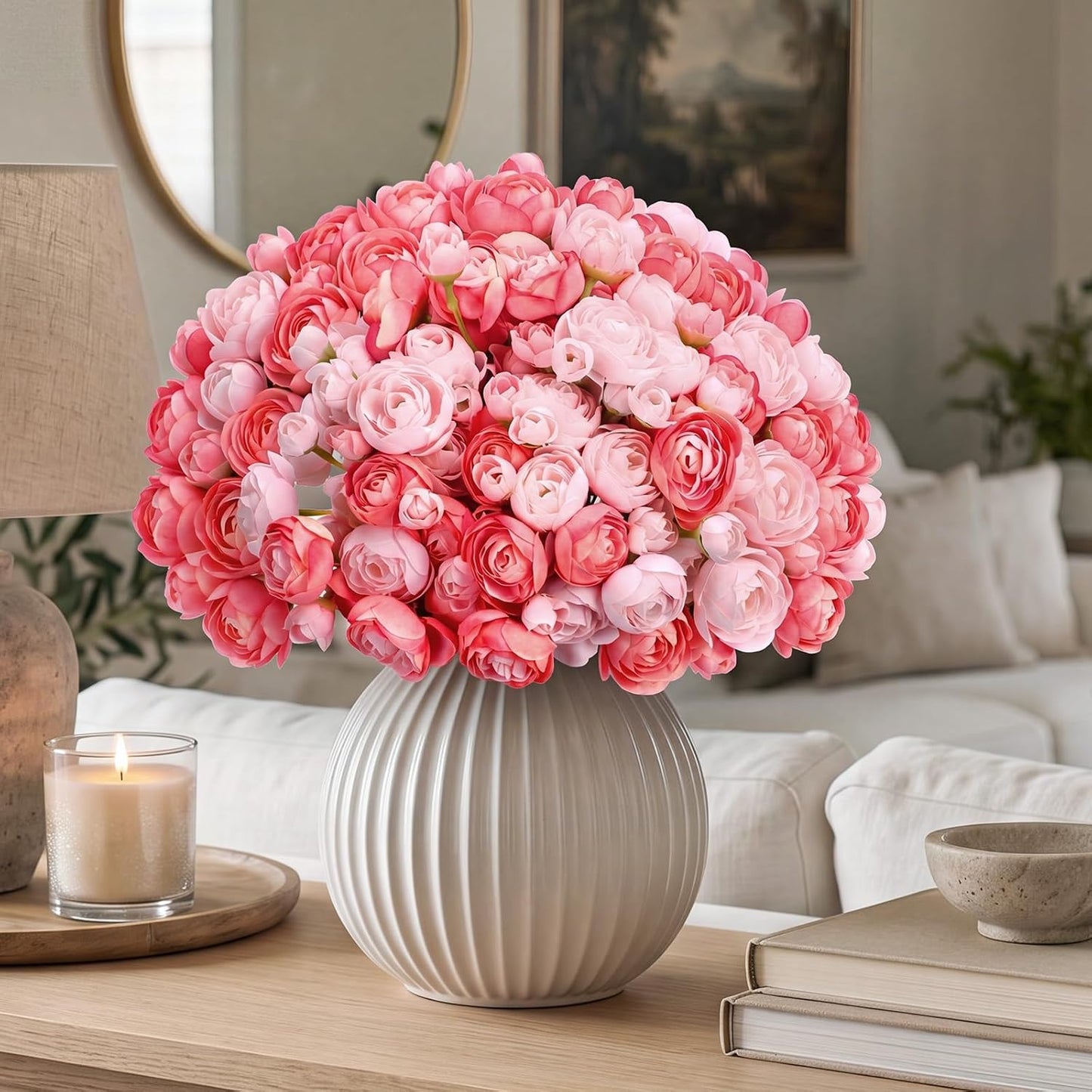 48 Pcs Ranunculus Artificial Flower,Real to Lifelike Peonies Artificial Flower Silk Faux DIY Bouquet for Wedding Bridal Shower Valentine Centerpieces Arrangements Home Decorations(White)
