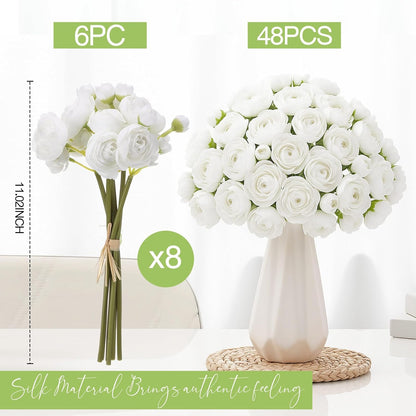 48 Pcs Ranunculus Artificial Flower,Real to Lifelike Peonies Artificial Flower Silk Faux DIY Bouquet for Wedding Bridal Shower Valentine Centerpieces Arrangements Home Decorations(White)