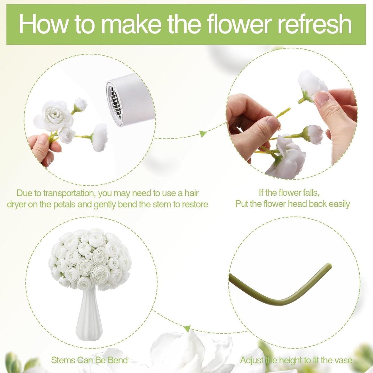 48 Pcs Ranunculus Artificial Flower,Real to Lifelike Peonies Artificial Flower Silk Faux DIY Bouquet for Wedding Bridal Shower Valentine Centerpieces Arrangements Home Decorations(White)