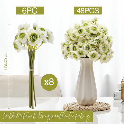 48 Pcs Ranunculus Artificial Flower,Real to Lifelike Peonies Artificial Flower Silk Faux DIY Bouquet for Wedding Bridal Shower Valentine Centerpieces Arrangements Home Decorations(White)