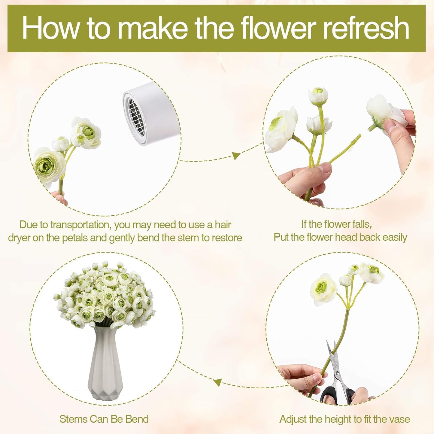 48 Pcs Ranunculus Artificial Flower,Real to Lifelike Peonies Artificial Flower Silk Faux DIY Bouquet for Wedding Bridal Shower Valentine Centerpieces Arrangements Home Decorations(White)