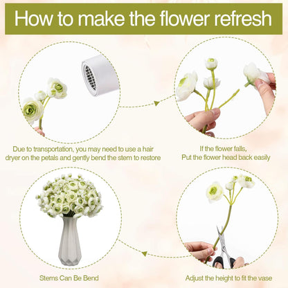 48 Pcs Ranunculus Artificial Flower,Real to Lifelike Peonies Artificial Flower Silk Faux DIY Bouquet for Wedding Bridal Shower Valentine Centerpieces Arrangements Home Decorations(White)