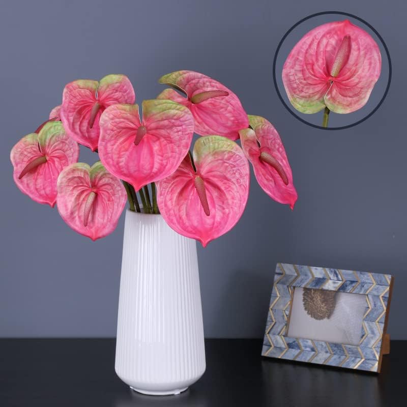 6 PCS 27" Simulation Large Artificial Anthurium Lily Flowers Permanent Flower for Home Decoration Bouquet and Green Leaf， Wedding Festival Decoration Flower Arrangement (Pink)