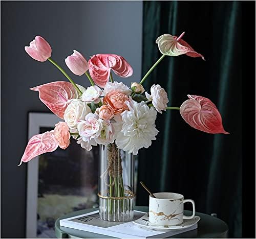 6 PCS 27" Simulation Large Artificial Anthurium Lily Flowers Permanent Flower for Home Decoration Bouquet and Green Leaf， Wedding Festival Decoration Flower Arrangement (Pink)