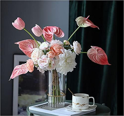 6 PCS 27" Simulation Large Artificial Anthurium Lily Flowers Permanent Flower for Home Decoration Bouquet and Green Leaf， Wedding Festival Decoration Flower Arrangement (Pink)