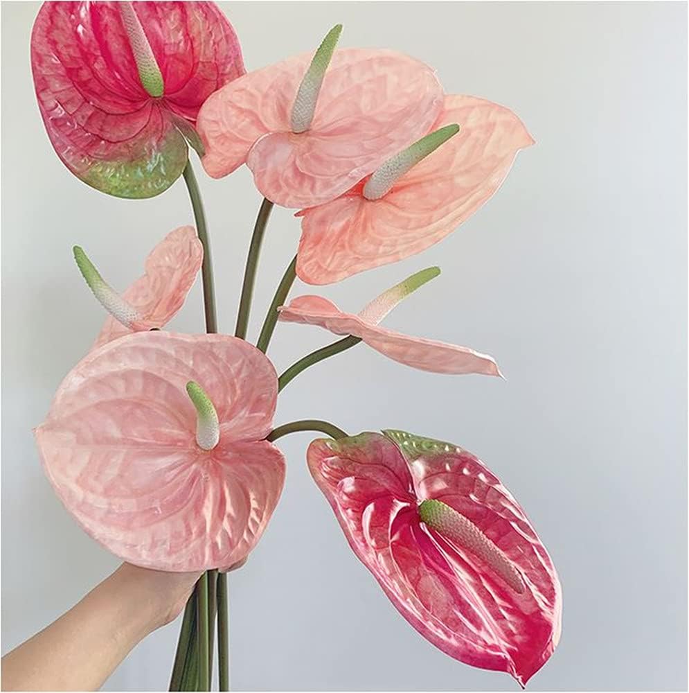 6 PCS 27" Simulation Large Artificial Anthurium Lily Flowers Permanent Flower for Home Decoration Bouquet and Green Leaf， Wedding Festival Decoration Flower Arrangement (Pink)