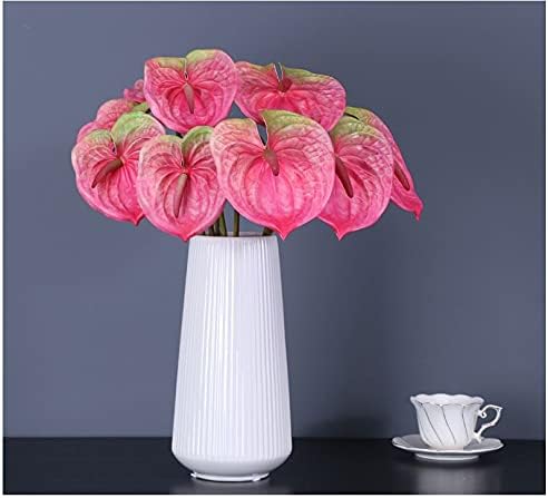 6 PCS 27" Simulation Large Artificial Anthurium Lily Flowers Permanent Flower for Home Decoration Bouquet and Green Leaf， Wedding Festival Decoration Flower Arrangement (Pink)