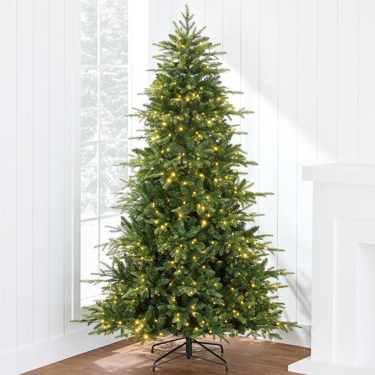 Full Aspen Christmas Tree, 6ft Pre-lit Realistic Noble Fir w/ 450 Glowing Micro LED Lights, 2-in-1 White & Multicolor