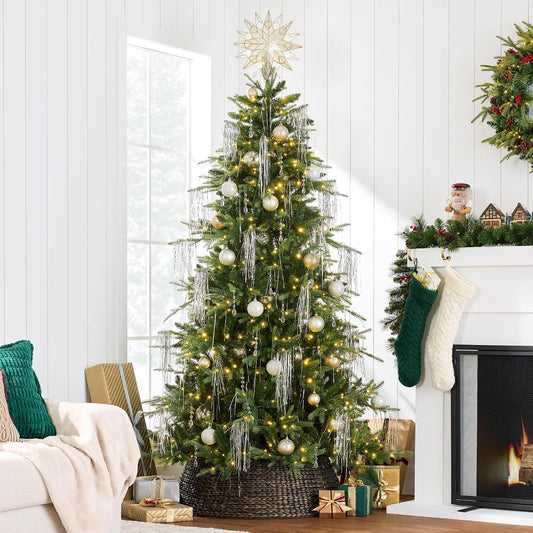 Full Aspen Christmas Tree, 6ft Pre-lit Realistic Noble Fir w/ 450 Glowing Micro LED Lights, 2-in-1 White & Multicolor