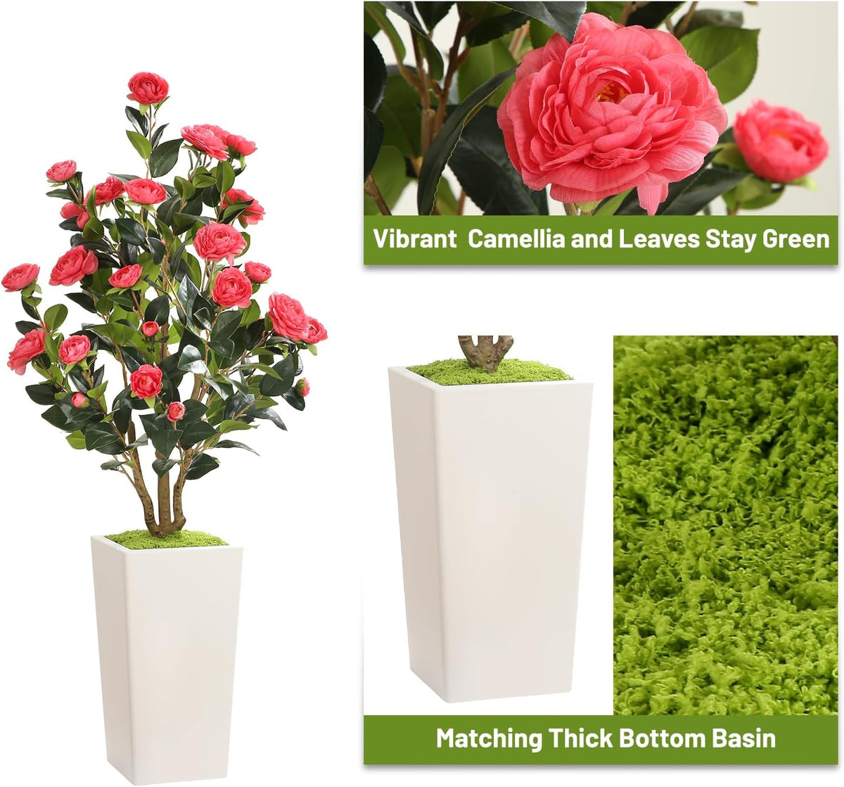 MARCH WIND 4FT Faux Orange Camellia Tree with White Tall Planter, Artificial Camellia Plant Flower for Modern Indoor Outdoor Floor Décor – Warm & Vibrant