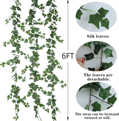 3Pcs Artificial Greenery Ivy Vines Kit, 6FT Odorless Silk Ivy Garland, Green Leaves Fake Hanging Plants, for Boho Decor, Home, Classroom, Wall, Party and Wedding Decoration