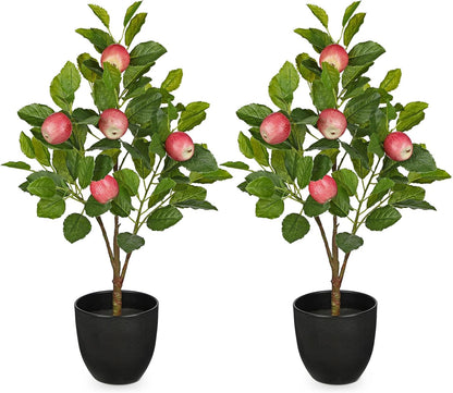 2Ft Artificial Peach Trees, 2 Packs Large Artificial Plants Indoor with Black Pots Faux Potted Trees Fake Floor Plants Peach Decorations for Home Living Room Office, Bedroom Table, Desk